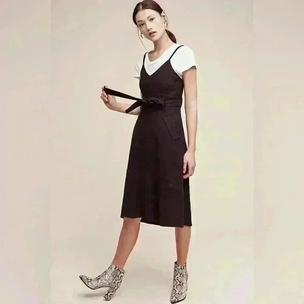 Anthropologie MOON RIVER York Midi Slip Linen Belted Black Dress W/ Pockets, M
